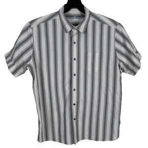 KUHL Shirt Mens Large Bohemian Striped Short Sleeve Beige Metal Button Down